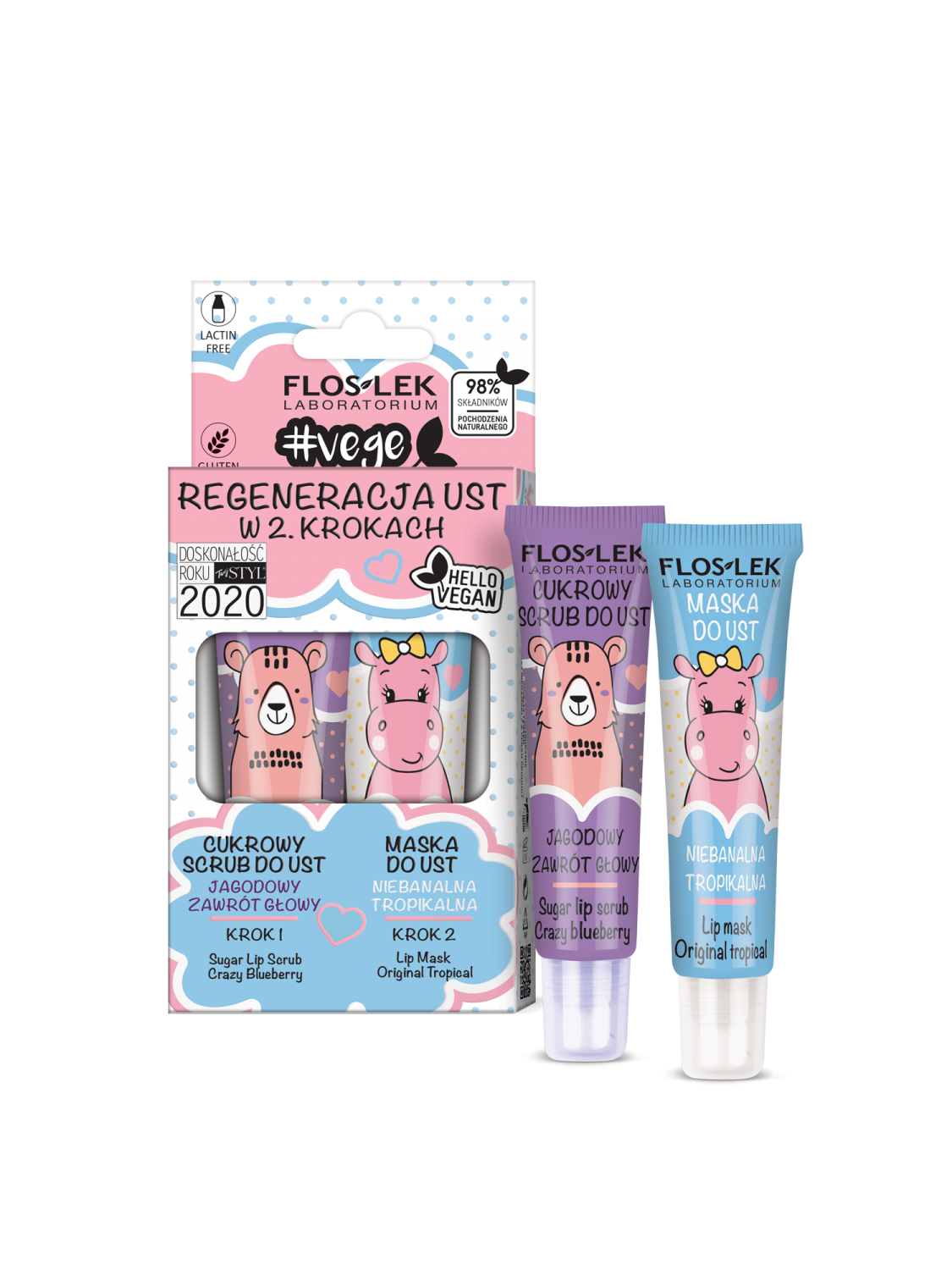 VEGE LIP CARE Lip regeneration in 2 steps (Sugar lip scrub Crazy blueberry + Lip mask Original tropical) - Floslek